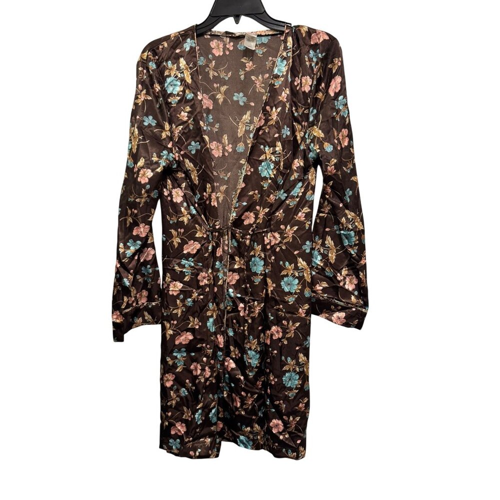 vintage Adonna Womens Floral Kimono Robe Medium Brown Blue Pink Polyester Lounge